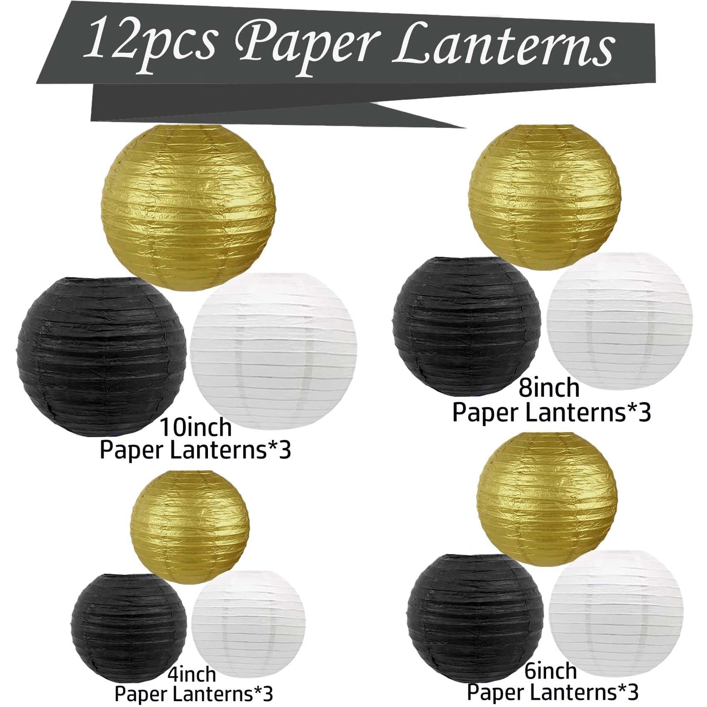 KUNYYI Black-Gold and White Paper Lanterns 12Pcs Hanging Lanterns for Birthday Party, Wedding, Home Decor, Baby Shower Festive Decoration