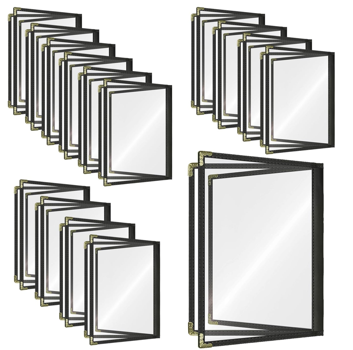 Menu Covers Restaurant 8.5x11 Inch - 15-Pack Black Leather-Style Waterproof Holders with 3-Pocket Side-Loading Sleeves & Gold Corners for Upscale Dining