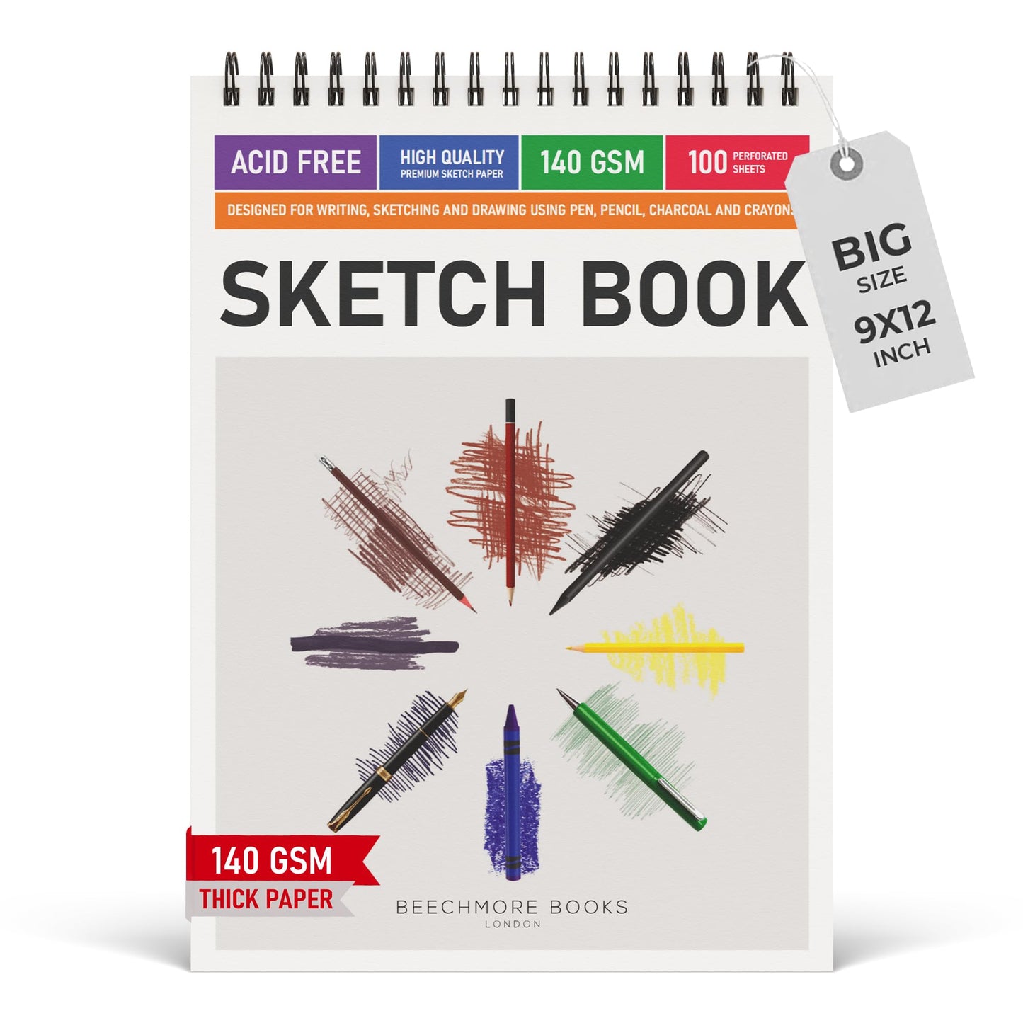 BEECHMORE BOOKS 9"x12" Spiral Bound Sketchbook - 100 Perforated Sheets 140 GSM (95lb) Acid-Free White Paper, Premium Professional Artist Sketch Pad, Art Supplies for Adults Students Drawing Notebook