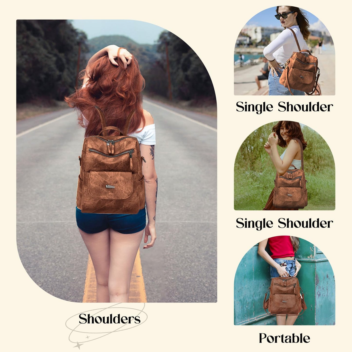 ROOSALANCE Backpack Purse for Women, Women Backpack Purse Small Leather Waterproof Anti-theft Shoulder Bags Handbags, Fashion Ladies Backpack for Daily Travel Work (Caramel)