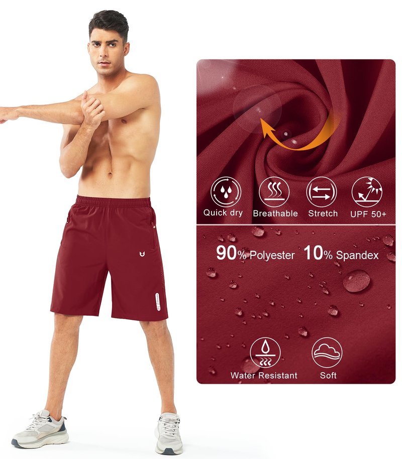 NORTHYARD Men's Athletic Running Shorts Gym Workout 7"/9"/5" Quick Dry Lightweight Sports Basketball Tennis 3 Zipper Pockets WINERED-9inch L