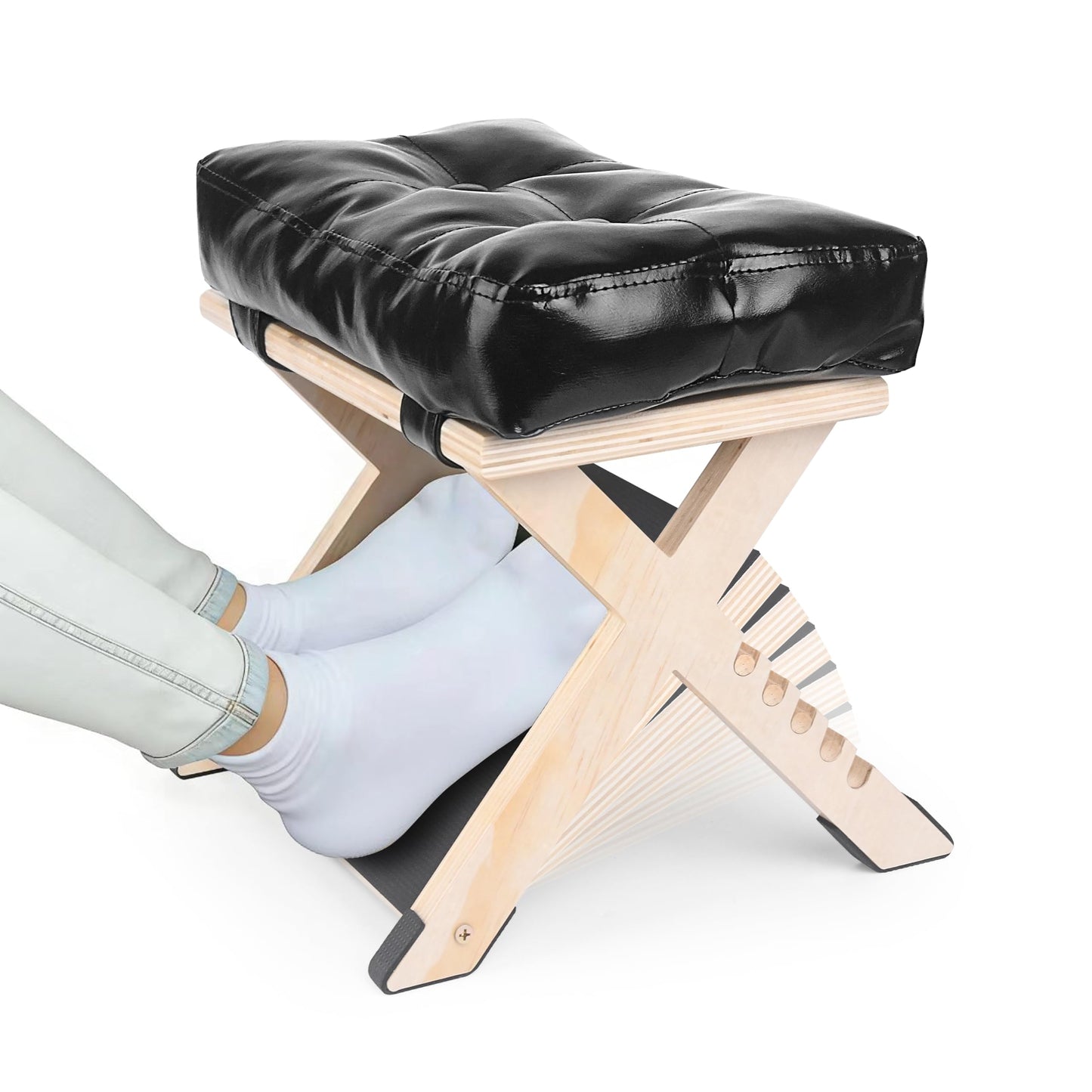Adjustable Double Step Under Desk Footrest with 5 Height Options, Ergonomic Foot Rest Stool with Black Cushion for Office Home, Ottoman for Work and Computer Gaming Comfort.