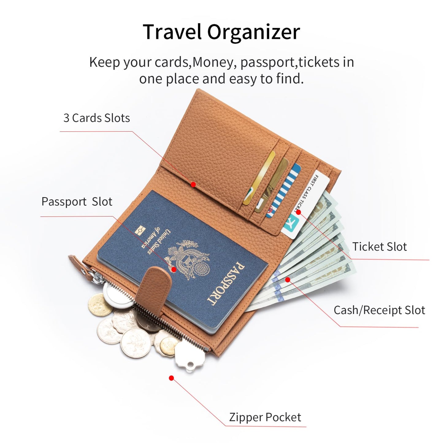ilovever Passport wallet and Card Slot Combo RFID Blocking Slim Leather Travel Passport Wallet for Men and Women with Zippered Coins Pocket Passport holder, Brown