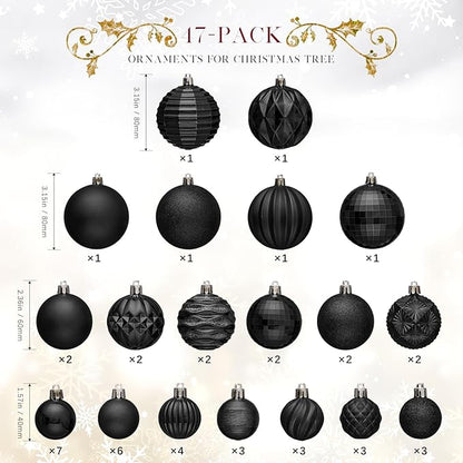 JORNOY Christmas Tree Ornaments Set, 47 Pack Assorted Shatterproof Hanging Balls Decorations, Plastic Bulbs Bulk with Lanyard for Home Holiday Party Decor, 3-Sizes (Pure Black)