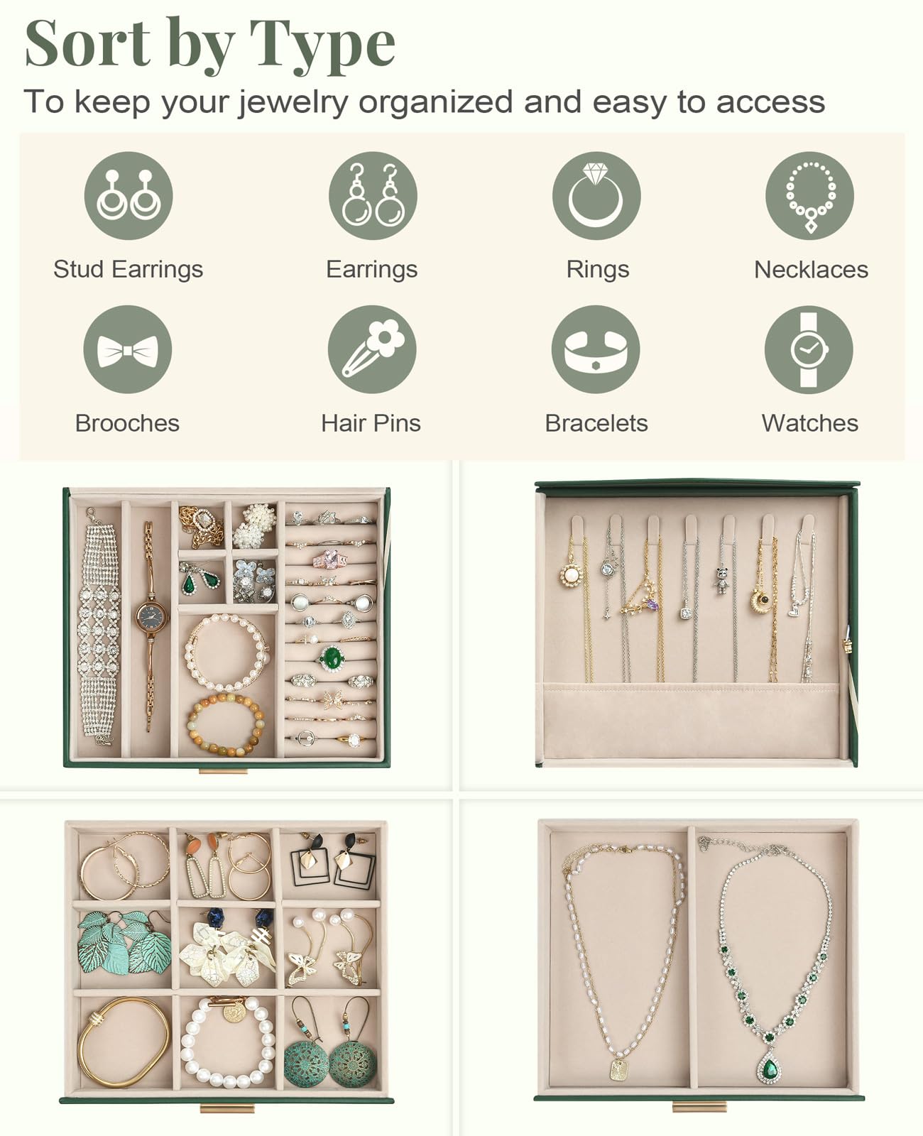 Amearea Jewelry Box Organizer for Women Girls with Mirror, 3-Layer Large Jewelry Storage Case, Synthetic Leather Jewelry Holder Organizer with Removable Tray for Necklaces Earrings Rings, Green