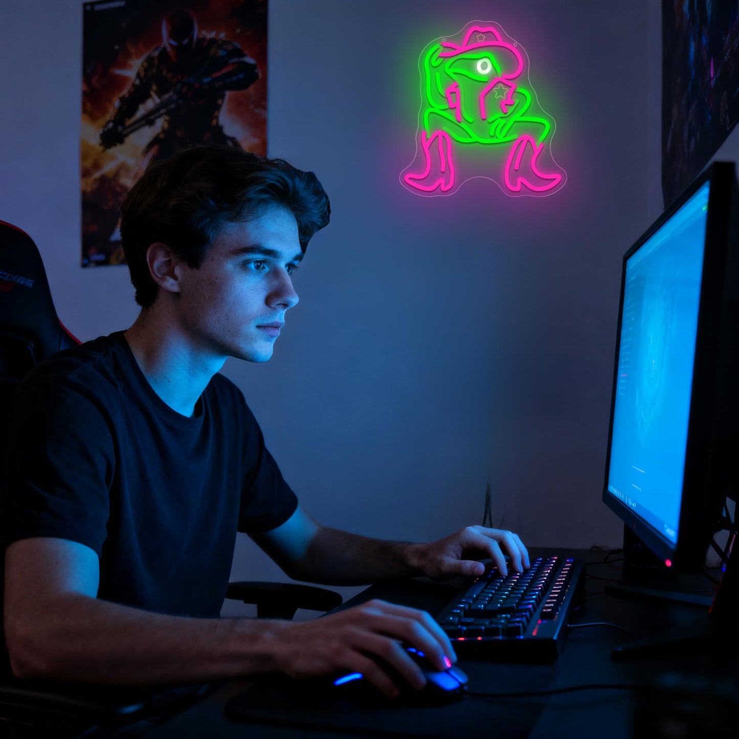 Cowboy Frog Neon Sign for Wall Decor Cartoon Frog Neon Light Dimmable Cool Anime LED Light Up Sign for Bedroom Game Room Party Bar Store Man Cave Birthday Gifts Size 13.8 * 12.9inches9(TWP333)