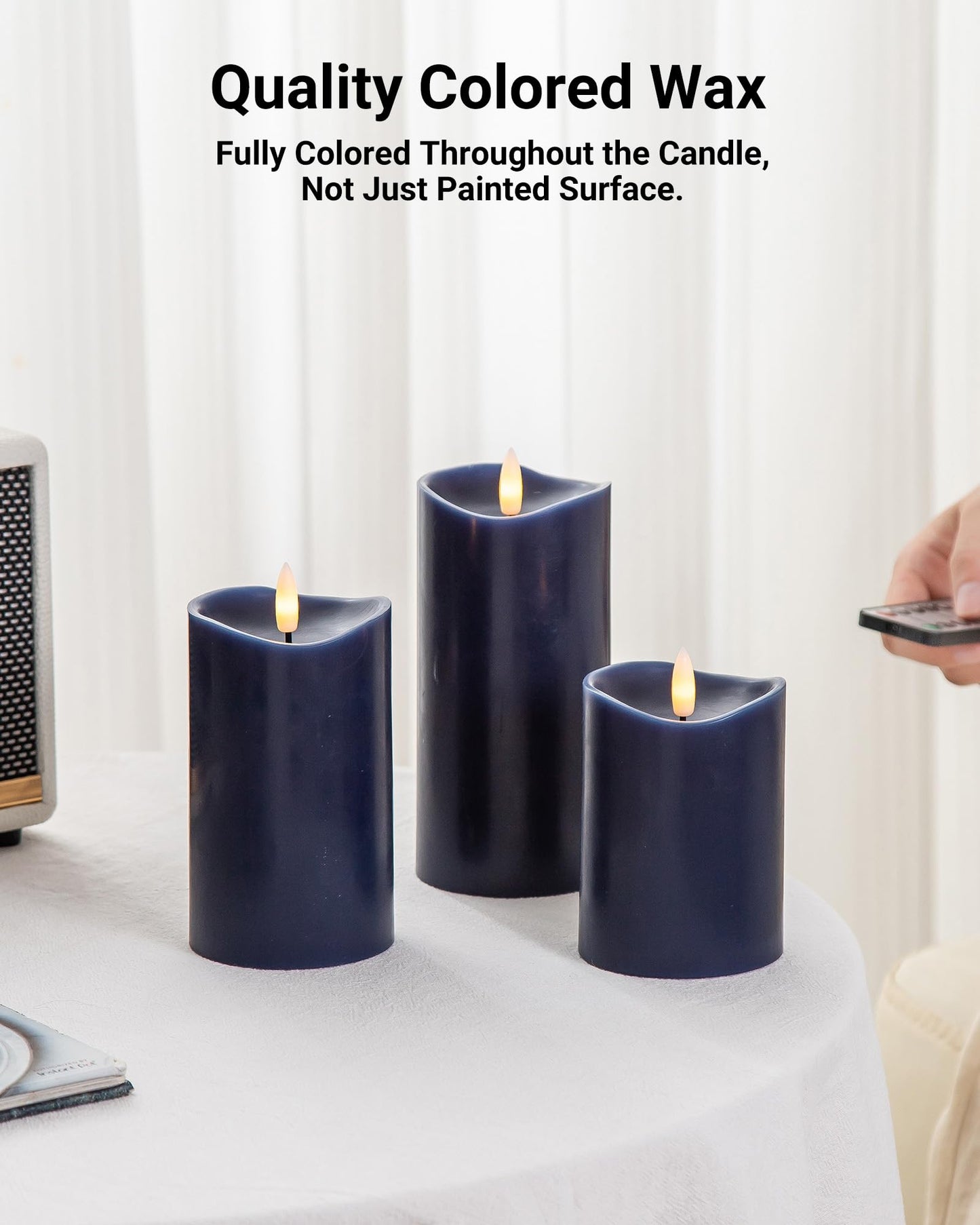 Velsyn Navy Blue Flameless Candles with Remote and Timer, Real Wax Made LED Pillar Candles Battery Operated with 3D Flickering Flame Melted Top, 3" x 4",5",6", Navy Blue Decor, Set of 3