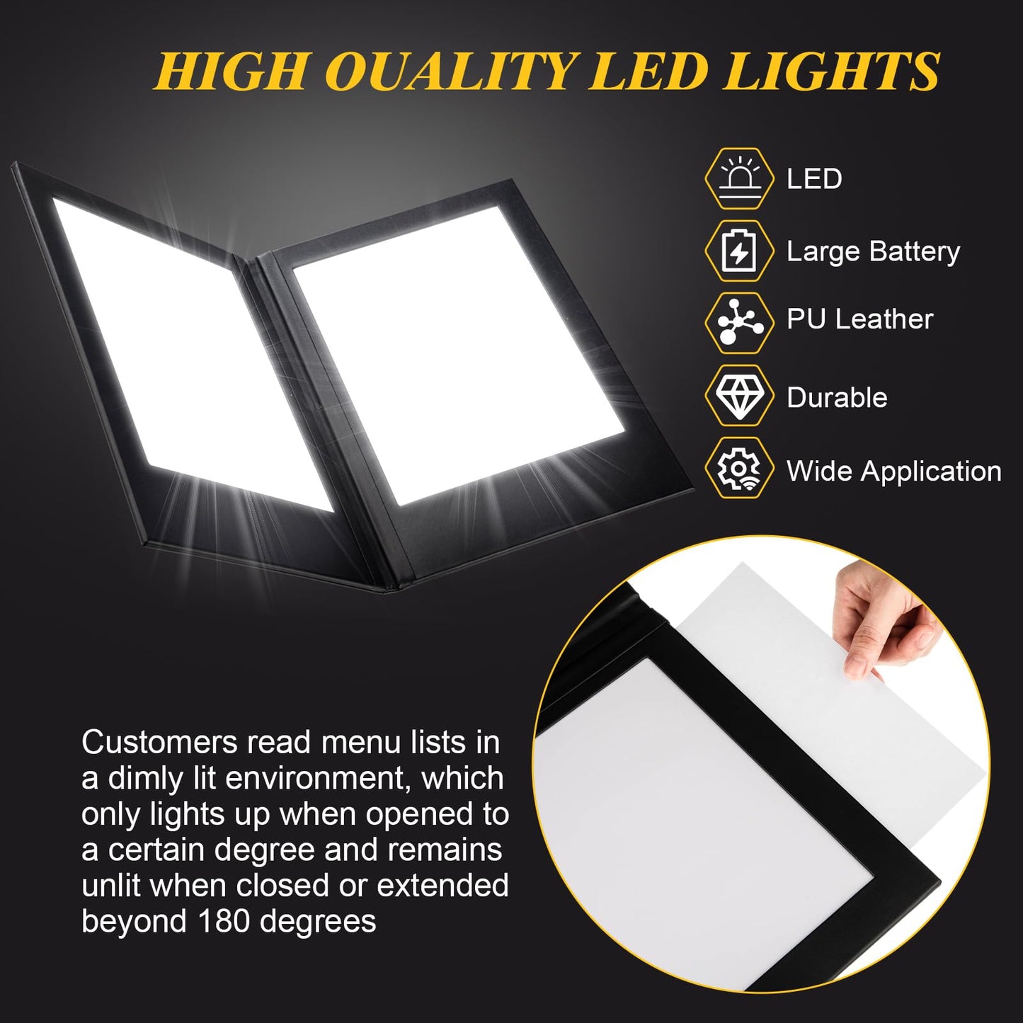 Yiyiring LED Menu Covers 8" x 10.5" LED Backlit Light Double Panel Menu Holder PU Leather Folder Fits Paper for Restaurant Hotel Club Bar Wine