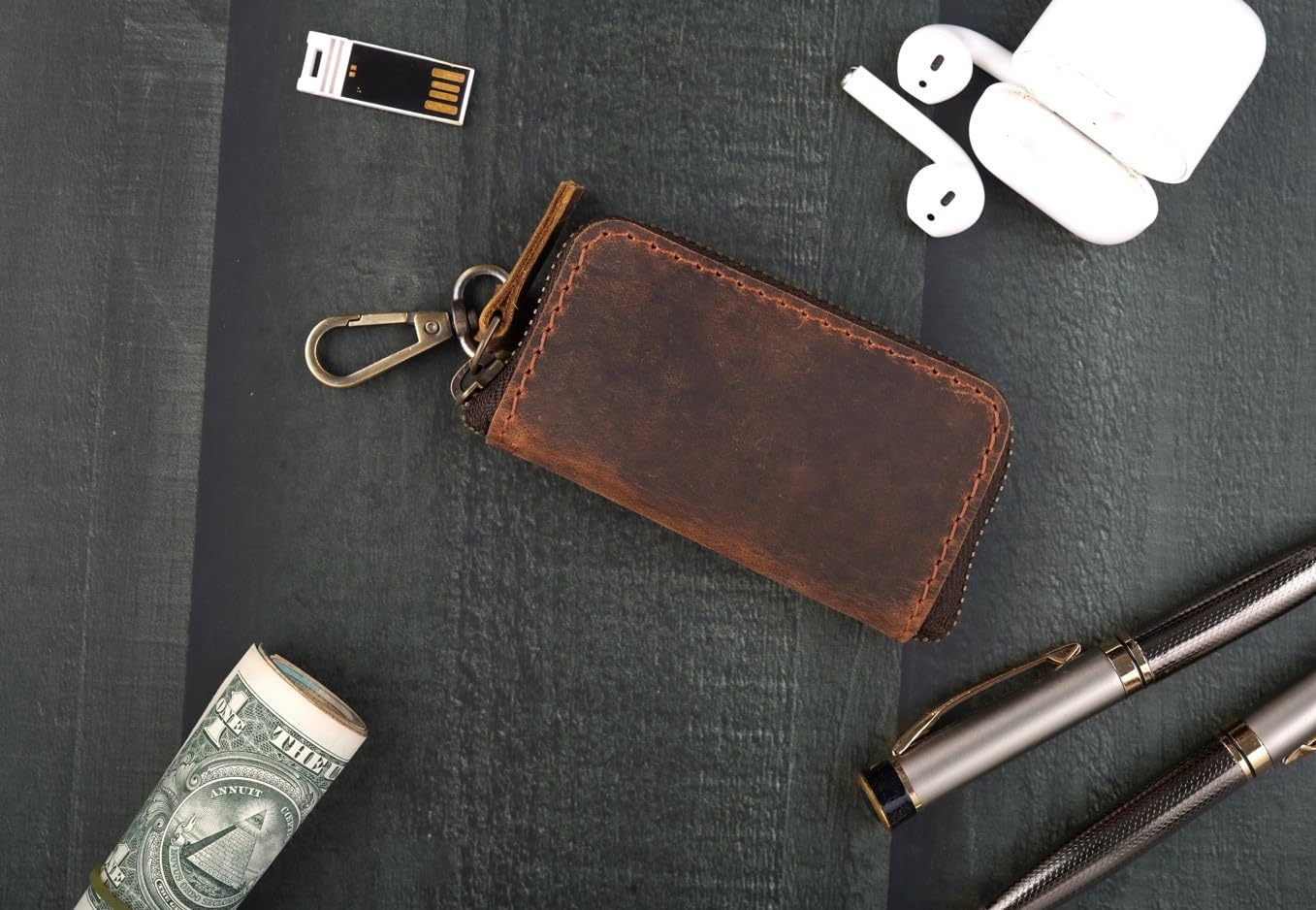 Handmade Full Grain Leather Car Key Holder & Zippered Coin Purse | Belt Loop Key Chain, Compact Earphone Holder, Multi-Functional Money Purse, Elegant Leather Accessory, Versatile Key Organizer
