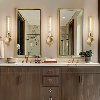 Gold Sconces Wall Lighting 19.48" with Rippled Glass Shade, Solid Knurled Brass Wall Sconces, Vintage Industrial Sconce Lamps for Bedroom Bathroom Entryway & Staircase Mirror Decor(Including Bulb)