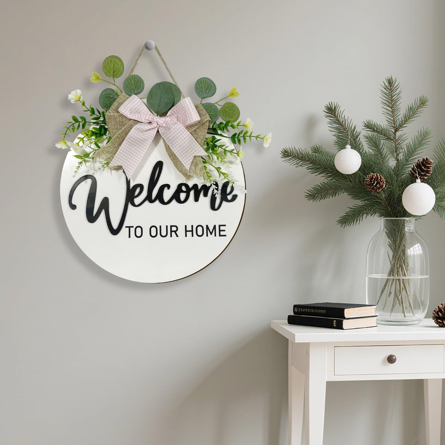VPDTVK Welcome Sign for Front Door, Rustic Welcome Door Sign Outdoor Wreaths Decor for Spring Summer Autumn and Winter All Seasons Holiday Halloween Christmas(White)