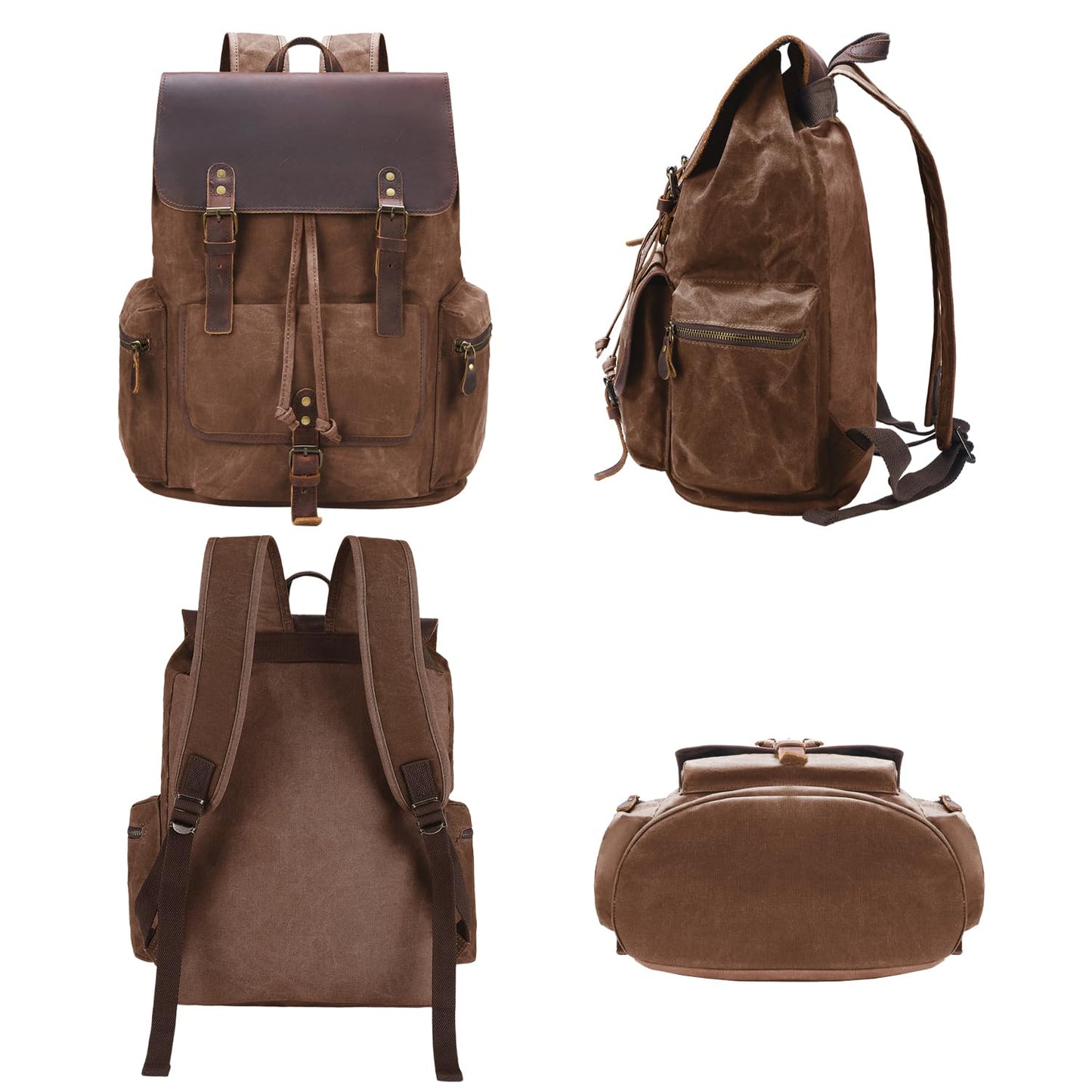 NEHOR Vintage Waxed Canvas Backpack Casual Genuine Leather Laptop Rucksack Shoulder DayPack for Travel/Hiking/School