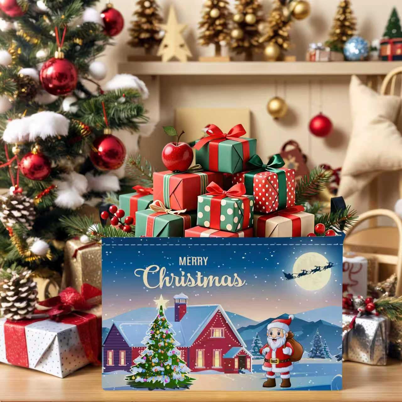 NIETEIN Large Kids Christmas Holiday Gift Empty Baskets Collapsible Families Holiday Storage Bin with Handle (Santa Claus Tree)