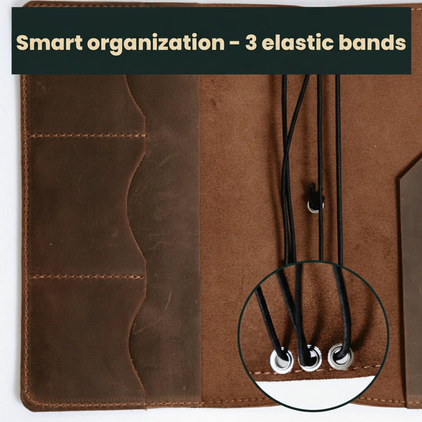 TORAKIP Leather A5 Notebook Cover – Refillable Journal Case with Elastic Bands, Pen Loop & Inner Pockets, Handmade Notebook Organizer, Fits 5.8" x 8.3" Inserts (Paper Not Included), Brown