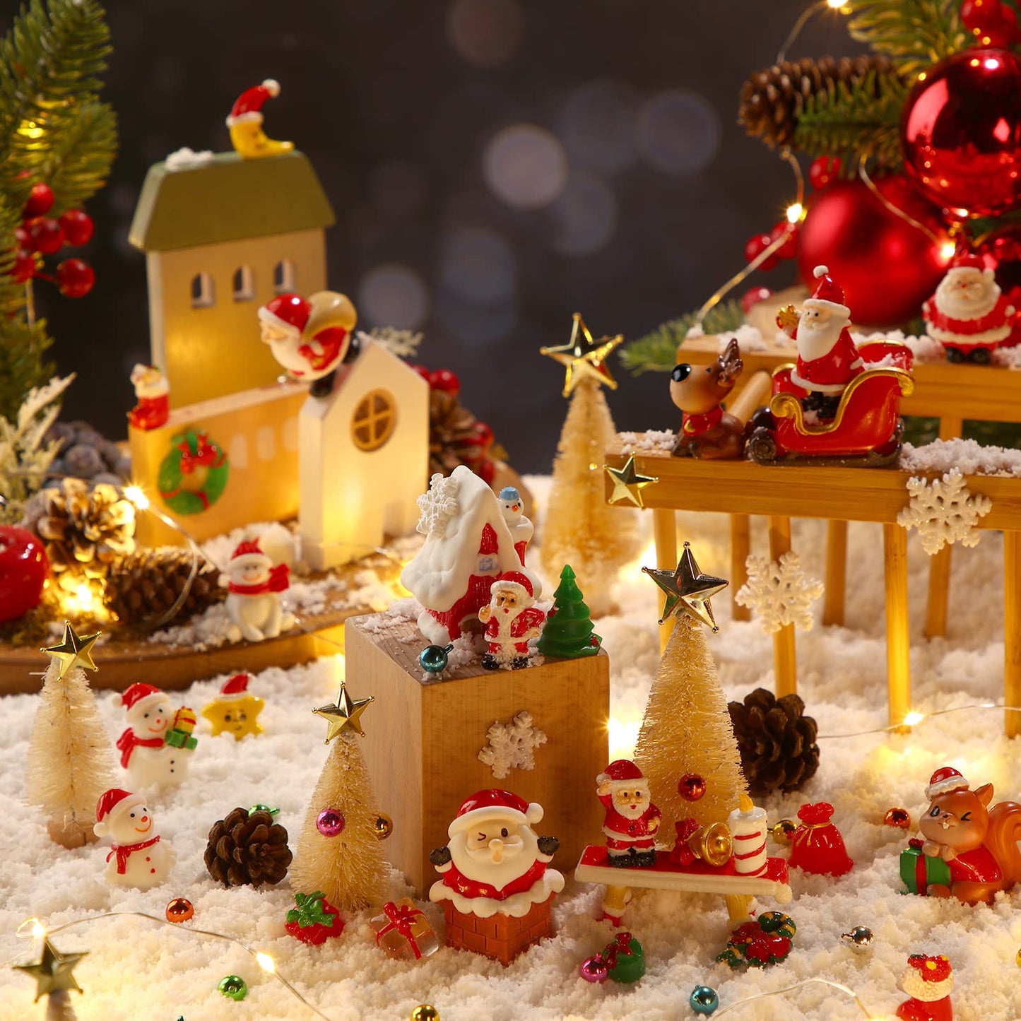 Roowest 96 Pcs Miniature Ornaments for Snow Globe Kit DIY Christmas Village Decoration Christmas Figurines Mini Ornaments with Snowman Reindeer Santa Claus Snowflake(Beige)