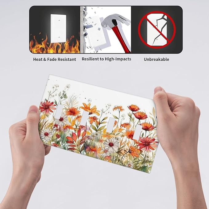 Watercolor Wild Flower Floral 4 Gang Decorative light switch plate Quad Toggle Wall Plate Covers Switchplate Electrical Faceplate for Nursery Bedroom Bathroom Decor