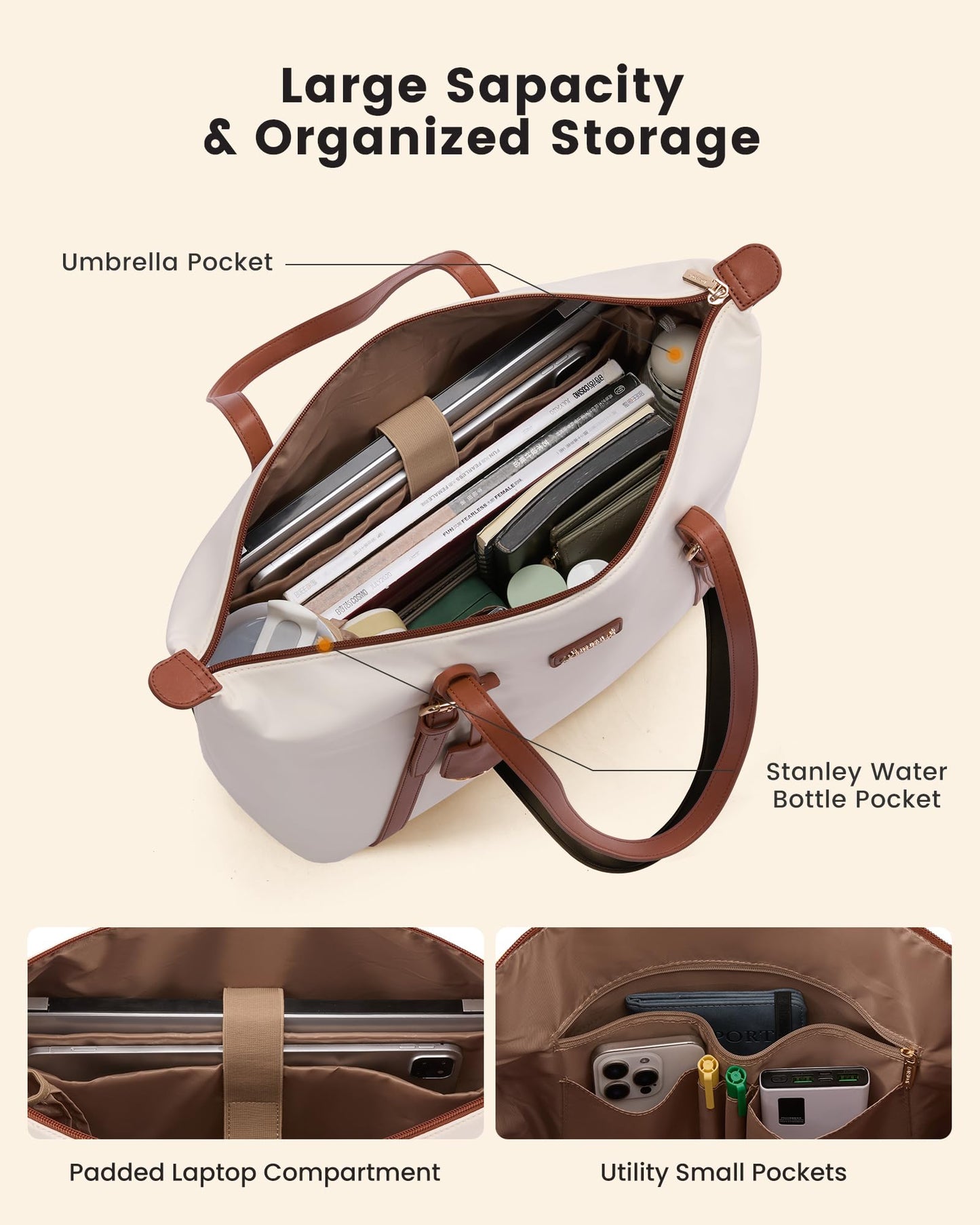 LOVEVOOK Laptop Bag for Women with Large Cup Holder, 15.6 Inch Cute Nylon Work Travel Tote Bags, Waterproof Computer Bag Shoulder Purse, Beige