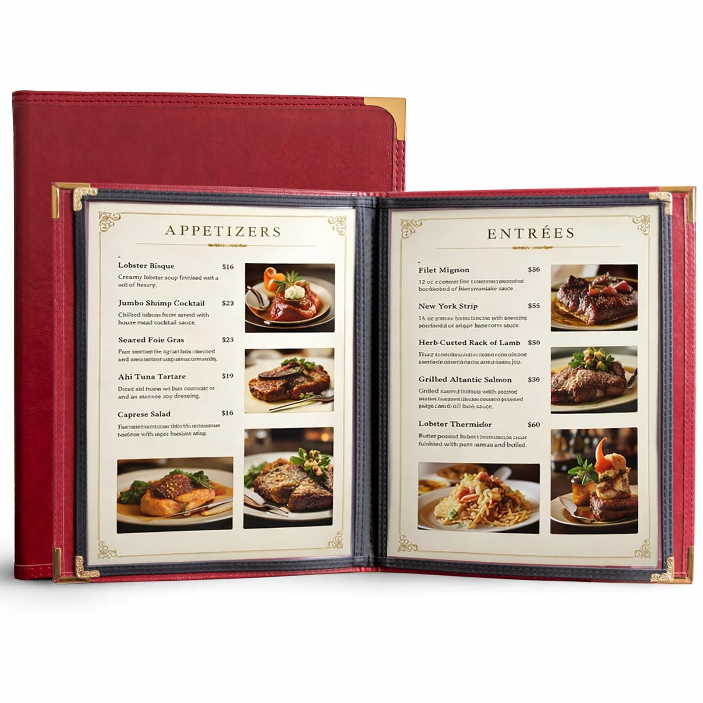 2-Pack Menu Covers 8.5x11 Inch, Burgundy Red Faux Leather Menu Holder, 2-Page 4-View Menu Book for Restaurant Bar Steakhouse, Wine List & Drink Menu
