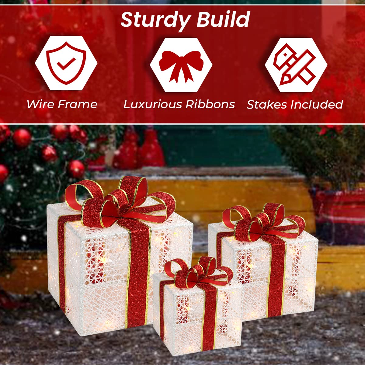 3-Piece Lighted Gift Boxes - Pre Lit Christmas Decoration with Ribbons for Indoor/Outdoor Use (8in) - Weather Resistant Yard Home Decor with Warm UL Lights
