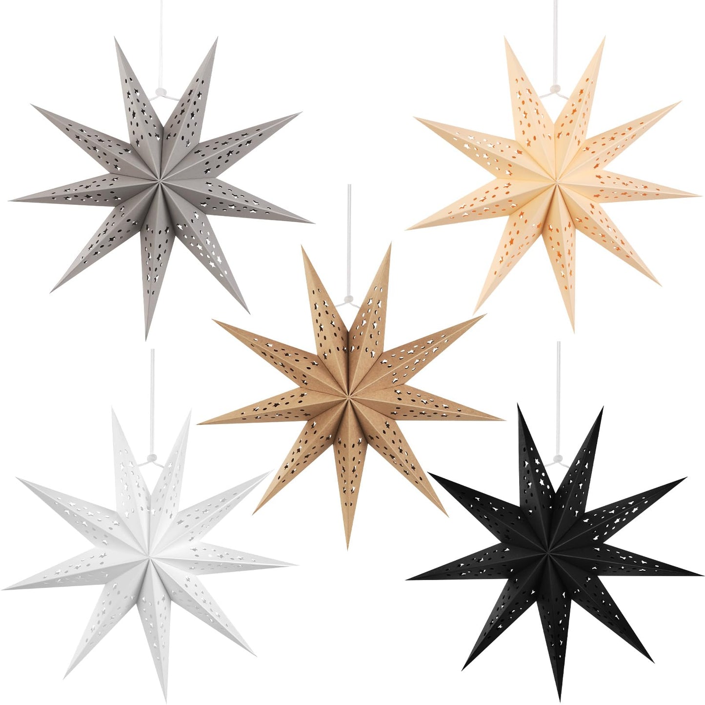 SUNBEAUTY 9-Pointed 12 Inch Hollow Out Paper Star Lanterns Brown White Gray Christmas Lanterns Hanging Lamp Paper Decorations Shade Wedding Birthday Christmas Home Party Decorations
