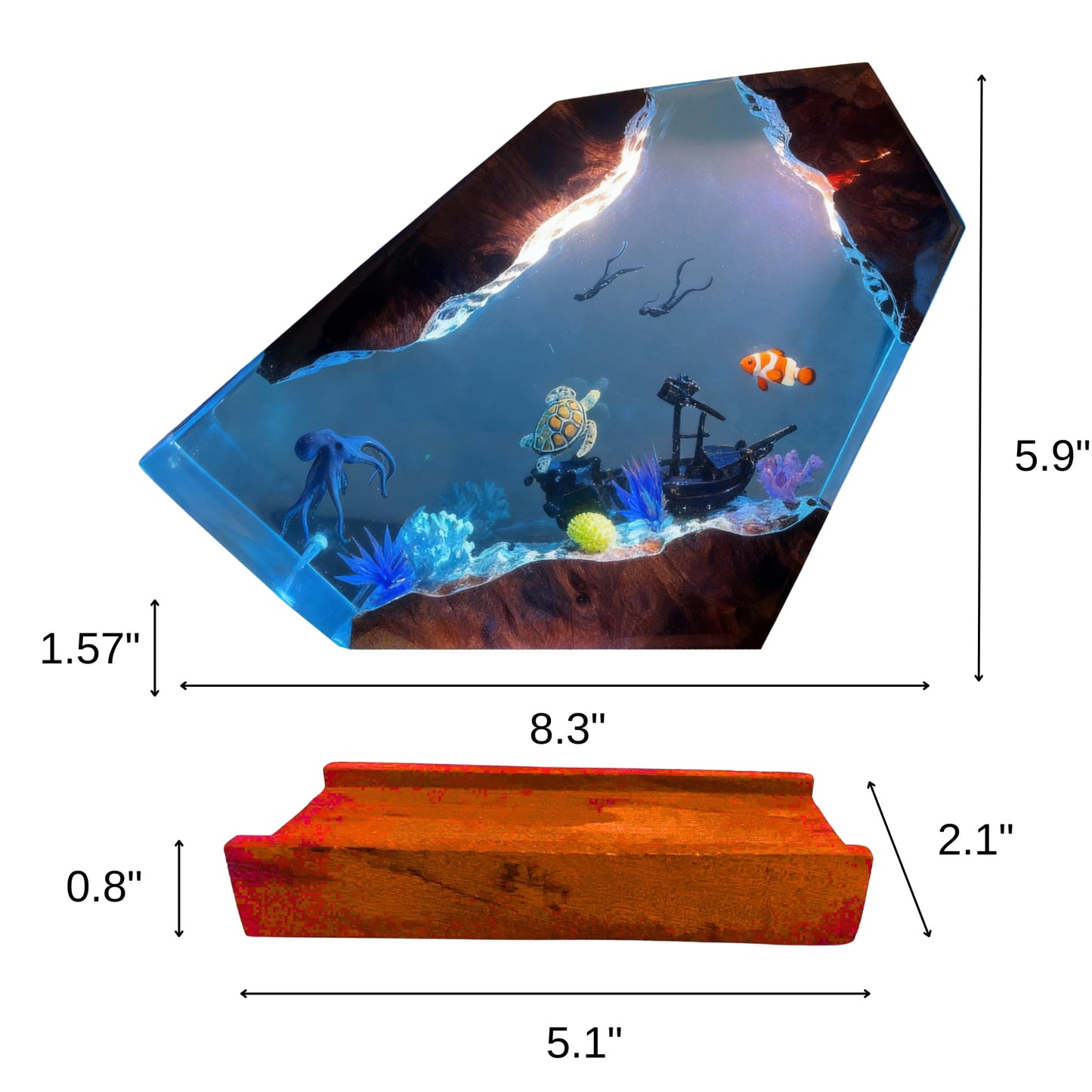 Ocean Resin Lamp – Marine Life Night Light with 16 Color LED, USB Powered Whale Shark & Turtle Desk Lamp with Wooden Base & Remote,Handmade Gift for Christmas, New Year