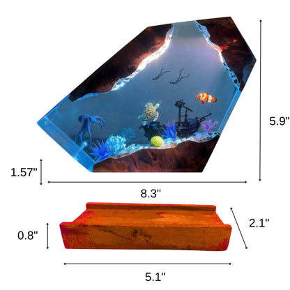 Ocean Resin Lamp – Marine Life Night Light with 16 Color LED, USB Powered Whale Shark & Turtle Desk Lamp with Wooden Base & Remote,Handmade Gift for Christmas, New Year