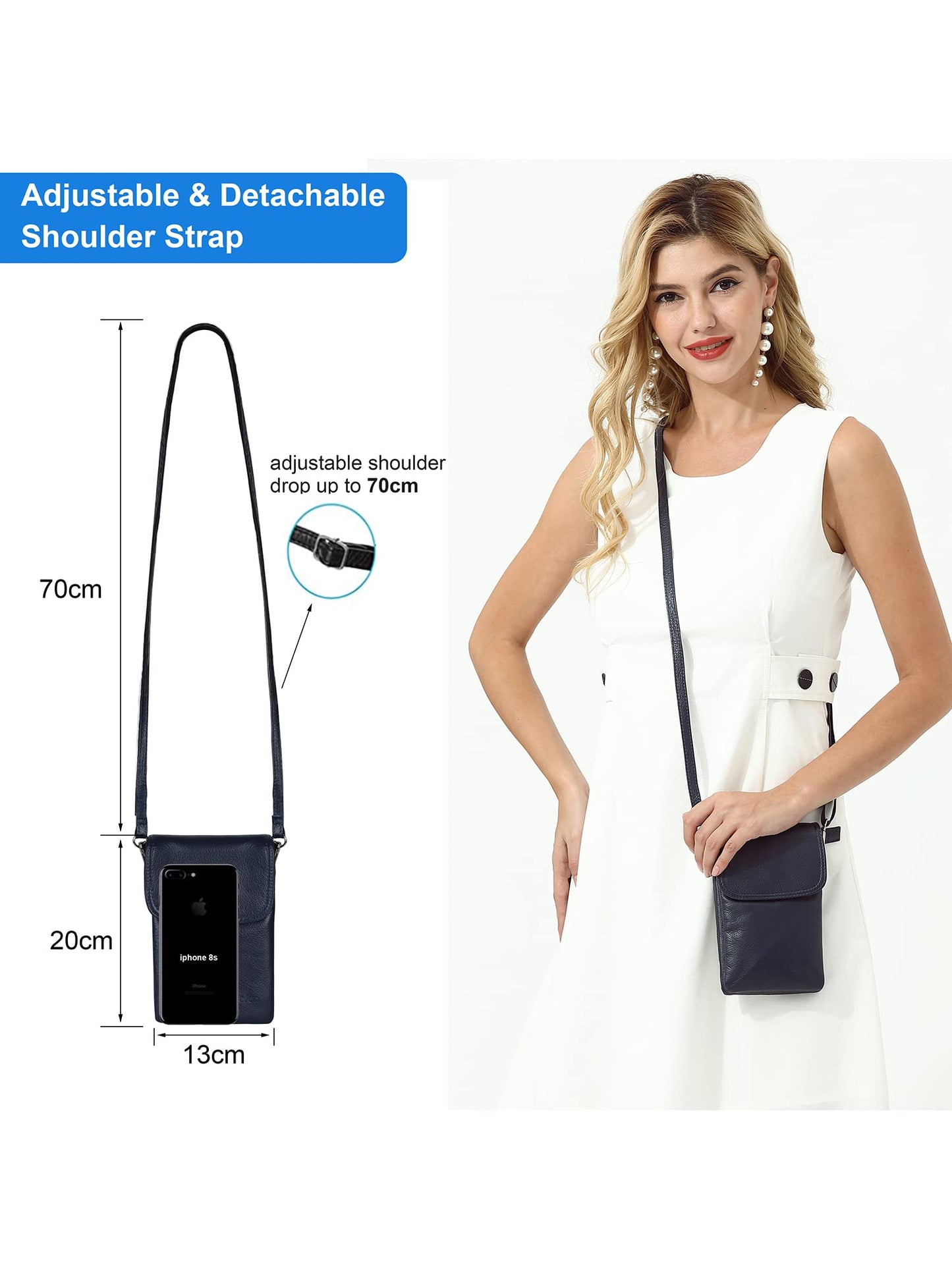 befen Geniune Leather Crossbody Wallet Purse Cell Phone Bags for Women, Women's Small Leather Crossbody Travel Bags - Fit iPhone 15 Pro Max (Navy Blue)