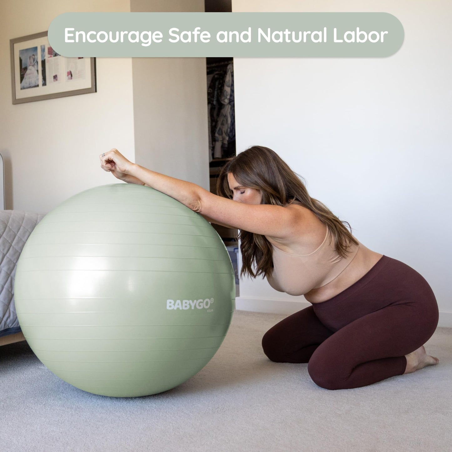BABYGO Birthing Ball - Pregnancy Yoga Labor & Exercise Ball & Book Set Trimester Targeting, Maternity Physio, Birth & Recovery Plan Included Anti Burst Eco Friendly (Sage, 75cm - Electric)