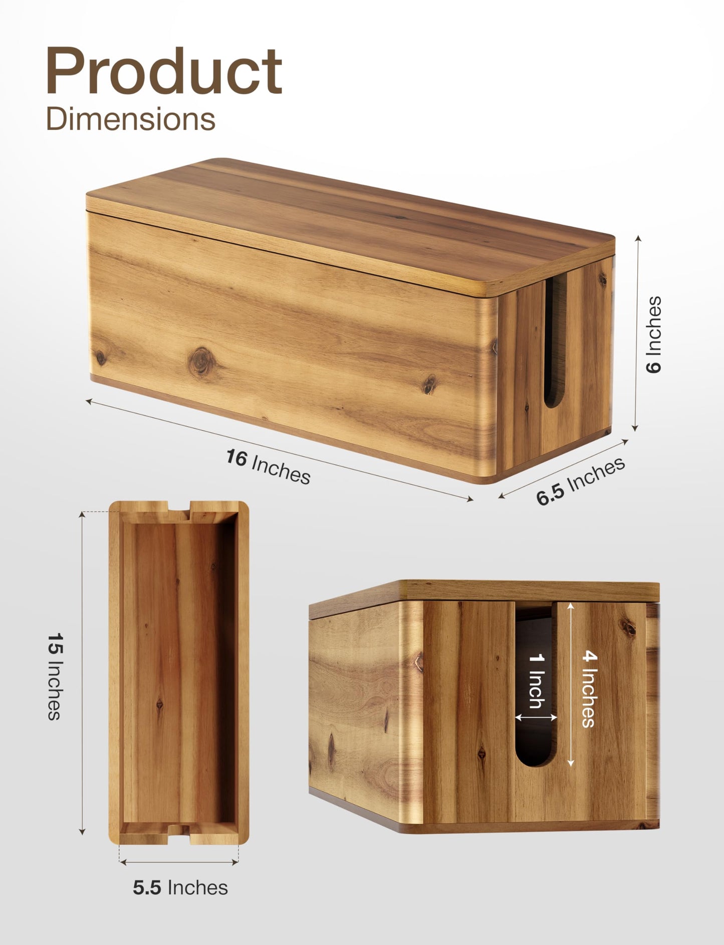 TIDITA Acacia Wood Cable Management Box Round Edge - 16" L Wooden Cable Organizer Box for Electrical Hiding Cord Management - Power Strip Hider Cable Storage Box for Office, Router Wires, Under Desk