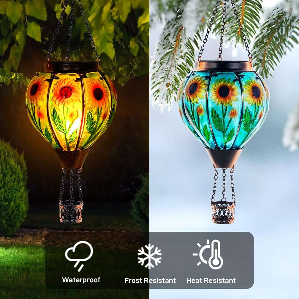 Starsoul Sunflower Hot Air Balloon Solar Lantern Glass Outdoor Hot Air Balloon Solar Flickering Flame Light Hanging Solar Lanterns Outdoor Waterproof Garden Patio Yard Party Decor