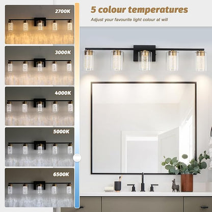 5-Light Black Bathroom Light Fixture, Dimmable 5CCT Black and Gold Bathroom Vanity Lights, 2700K-6500K Modern Crystal Bubble LED Wall Sconce Over Mirror with Clear Glass