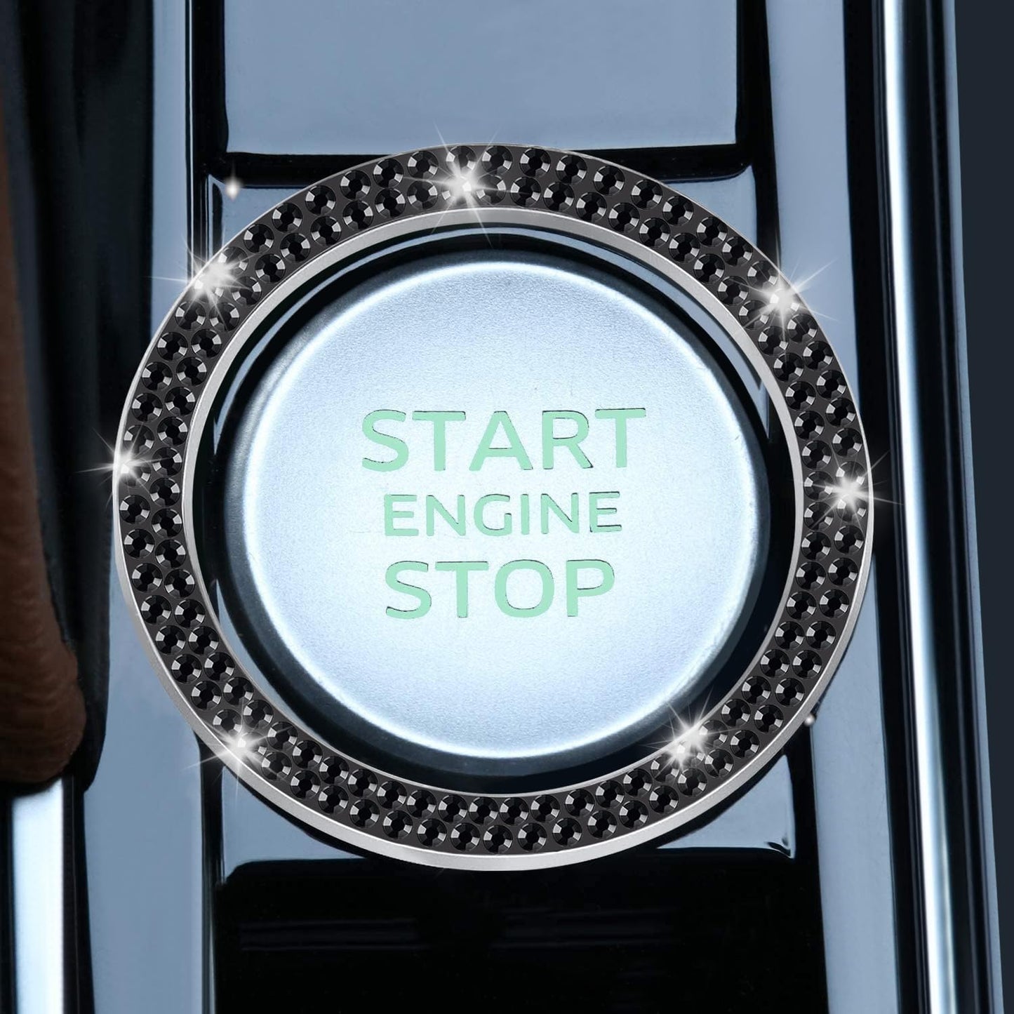 LivTee 2 PCS Crystal Double Rhinestone Car Engine Start Stop Decoration Ring, Bling Car Interior Accessories for Women, Push to Start Button Cover Sticker, Automotive Decals, Black