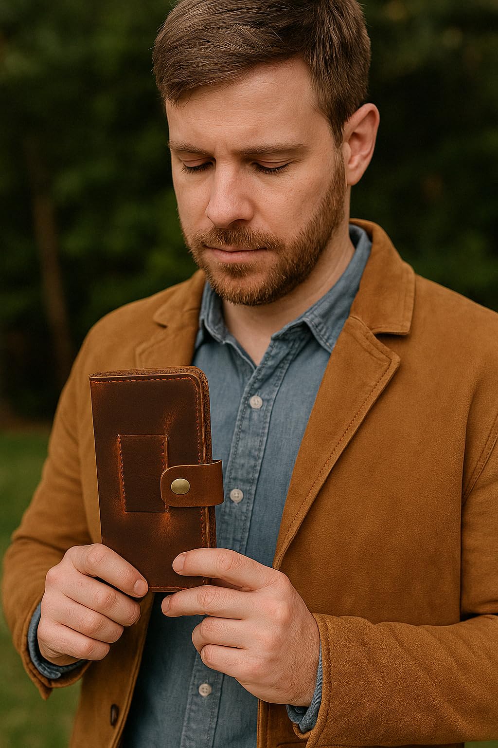 CestAntiQ Full-Grain Tan Leather Checkbook Cover for Men, Women, Slim Bifold Organizer with Pen Holder, Handmade Executive Register Holder for Personal, Business Use, Valentine’s Day Gift