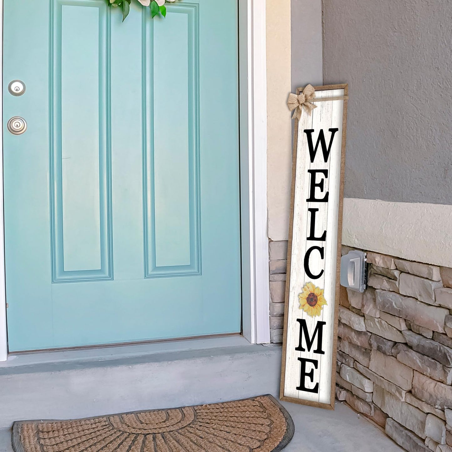 LuZhiQiang Front Porch Welcome Sign for Interchangeable Standing 45"X9" With 12 Pcs Replaceable Icons Wood Frame Signs Outdoor Front Door Decor (Wood White)