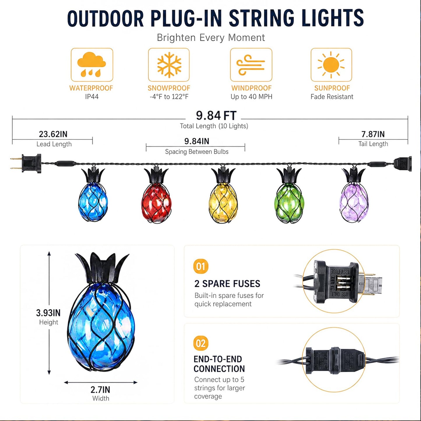 Vigdur Pineapple String Lights - Outdoor Patio Lights Plug in with 10 Pineapple Bulbs Connectable, Indoor String Light for Bedroom Bistro Tiki Decor(10FT