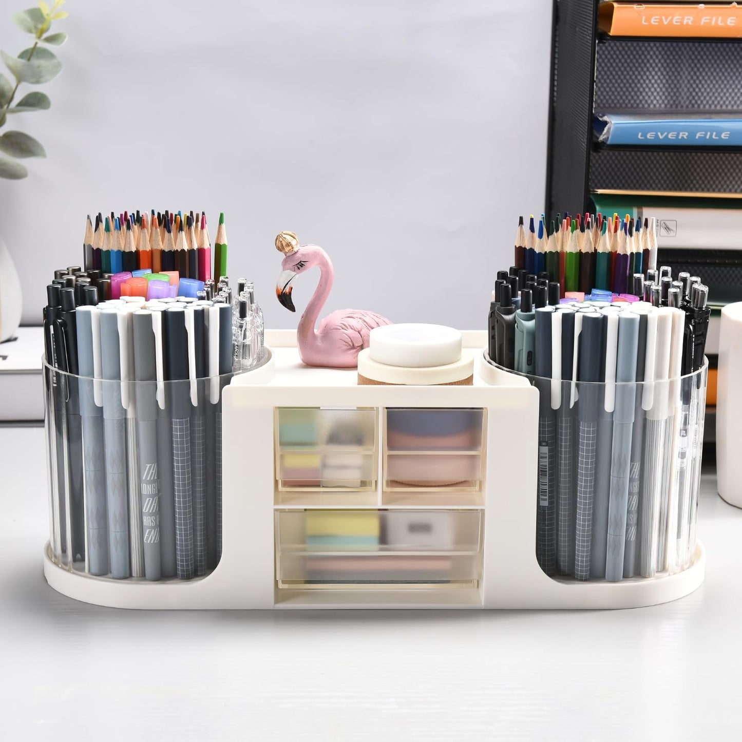 KLIONGO Rotating Desk Organizer with 2 Pen Holder, Desk Organizers and Accessories with 10 Slots Pencil Holder for Desk + 3 Drawer, Art Supply Storage Box Caddy for Office School Home (White)