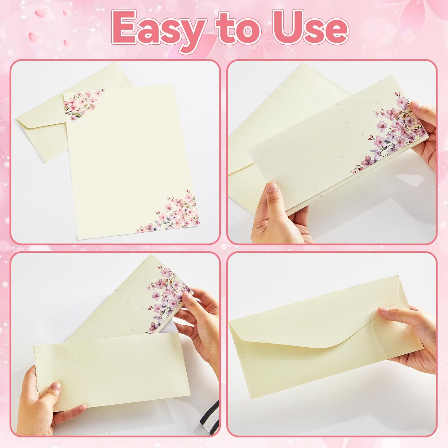 50Pcs Cherry Blossoms Letterhead with Envelopes Floral Cherry Blossoms Computer Paper Pink Floral Stationery Paper for Note Letters to Wedding Invitations Office School Printing Supplies 8.5 x 11 Inch