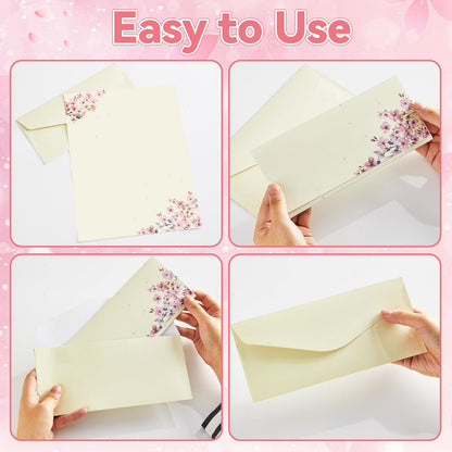 50Pcs Cherry Blossoms Letterhead with Envelopes Floral Cherry Blossoms Computer Paper Pink Floral Stationery Paper for Note Letters to Wedding Invitations Office School Printing Supplies 8.5 x 11 Inch