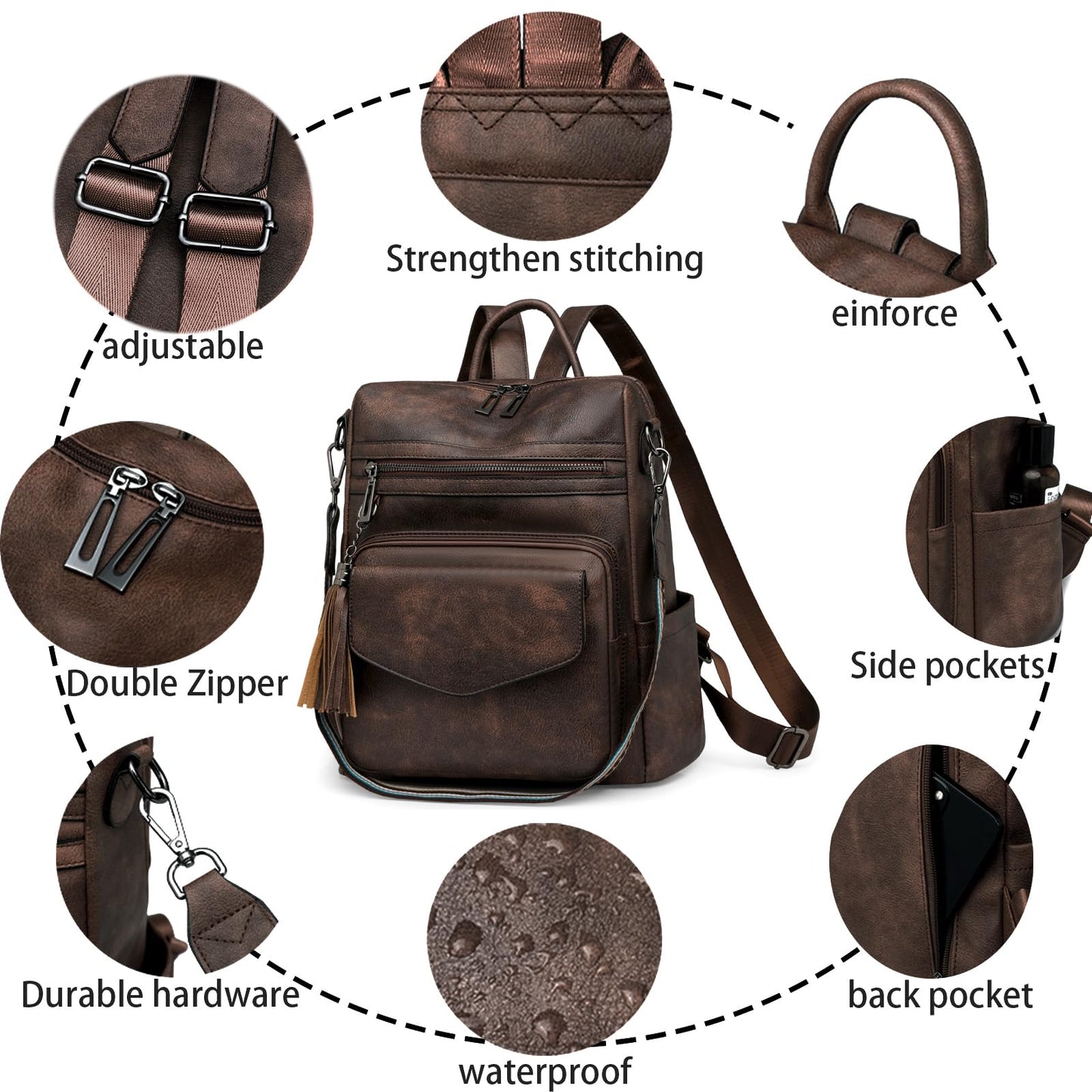 HGWSSY Womens Fashion Backpack Purse for Women Leather Multipurpose PU Ladies Shoulder Bag Travel bag Satchel Handbags (coffee)