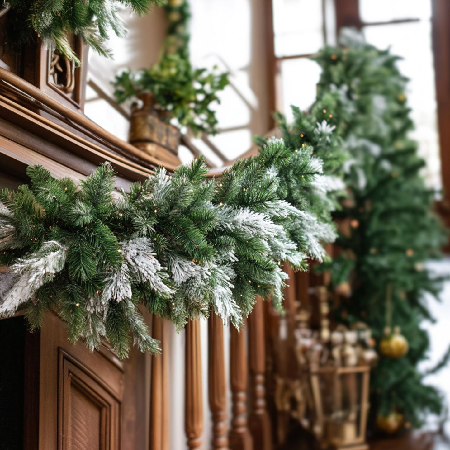 9FT Christmas Garlands Norfolk Pine Garland, Real Touch Artificial Winter Pine Garlands with Snowflake, Green Artificial Greenery Garland for Table, Wall, Mantle, Indoor, Outdoor Christmas Decorations