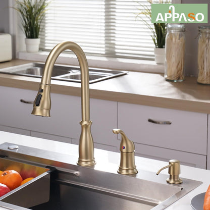 APPASO 3 Hole Kitchen Faucet with Pull Down Sprayer, Kitchen Faucets with Soap Dispenser, 3 Pieces Kitchen Sink Faucet with Separate Handle, Matte Black Kitchen Faucet 3 Hole, 218MB