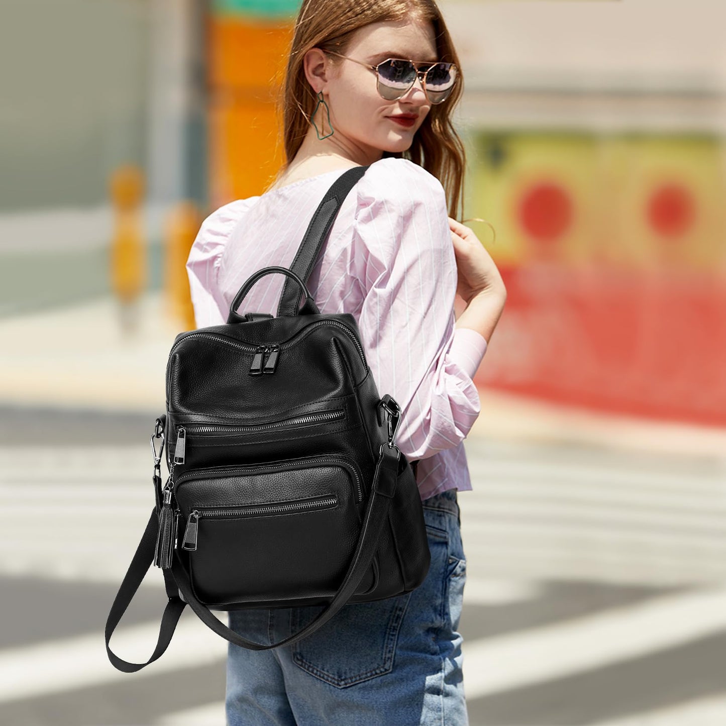 Wesccimo Genuine Leather Backpack Purse For Women Black Real Soft Leather Fashion Designer Convertible Ladies Shoulder Bag
