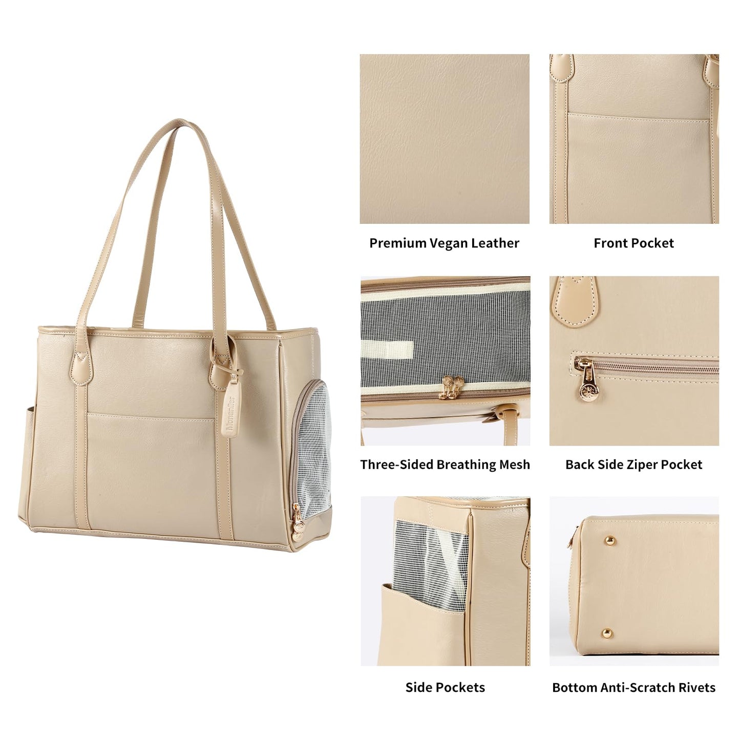 Monanller Stylish Dog Purse Carrier, Leather Pet Carrier Bag for Small Dogs Cats Puppy, Airline Approved Soft-Sided Carrier Ivory