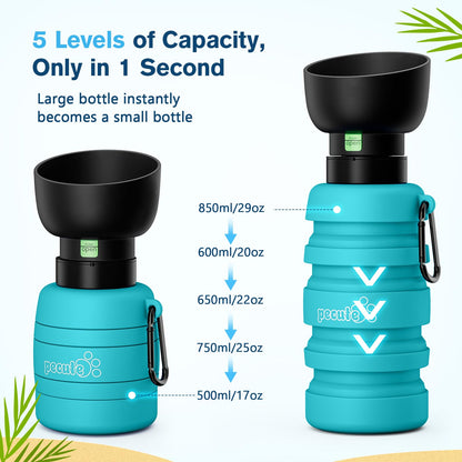 Pecute Dog Water Bottle Portable & Collapsible,17oz-29oz Water Dispenser with Folding Bowl, 5 Levels Capacity in 1,Carabiner Clip,100% Food Grade Silicone,Outdoor Walking,Hiking,Travel,Light Blue