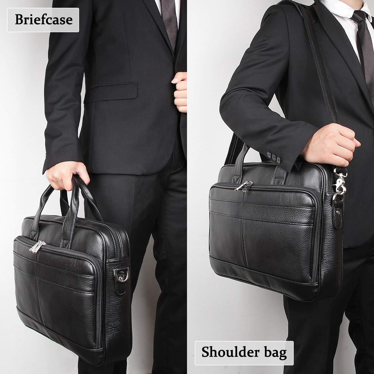 Augus Genuine Leather Messenger Bag for Men Vintage Travel Backpack 14 inch laptop Briefcase Shoulder Bags Black With YKK Metal Zipper