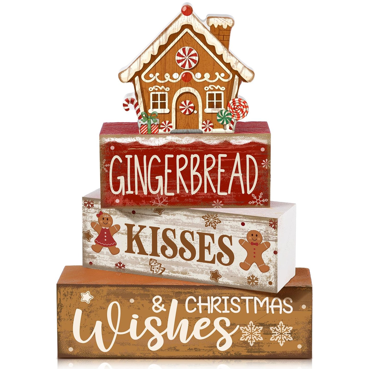 Moucuny 4 Pcs Christmas Table Decoration Gingerbread House Wooden Stacked Block Decor Gingerbread Centerpiece Block Signs Rustic Christmas Tiered Tray Decoration for Home Kitchen Coffee Bar