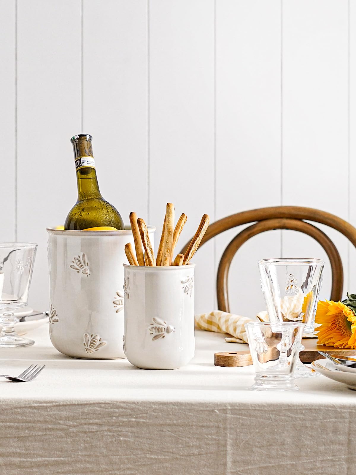 LE TAUCI Kitchen Utensil Holder Set of 2 - 6.9"+5.3" Large Ceramic Cooking Utensil Crock & Organizer for Spatula, Spoon, Whisk - Farmhouse Countertop Storage, Arctic White, Embossed, Bee