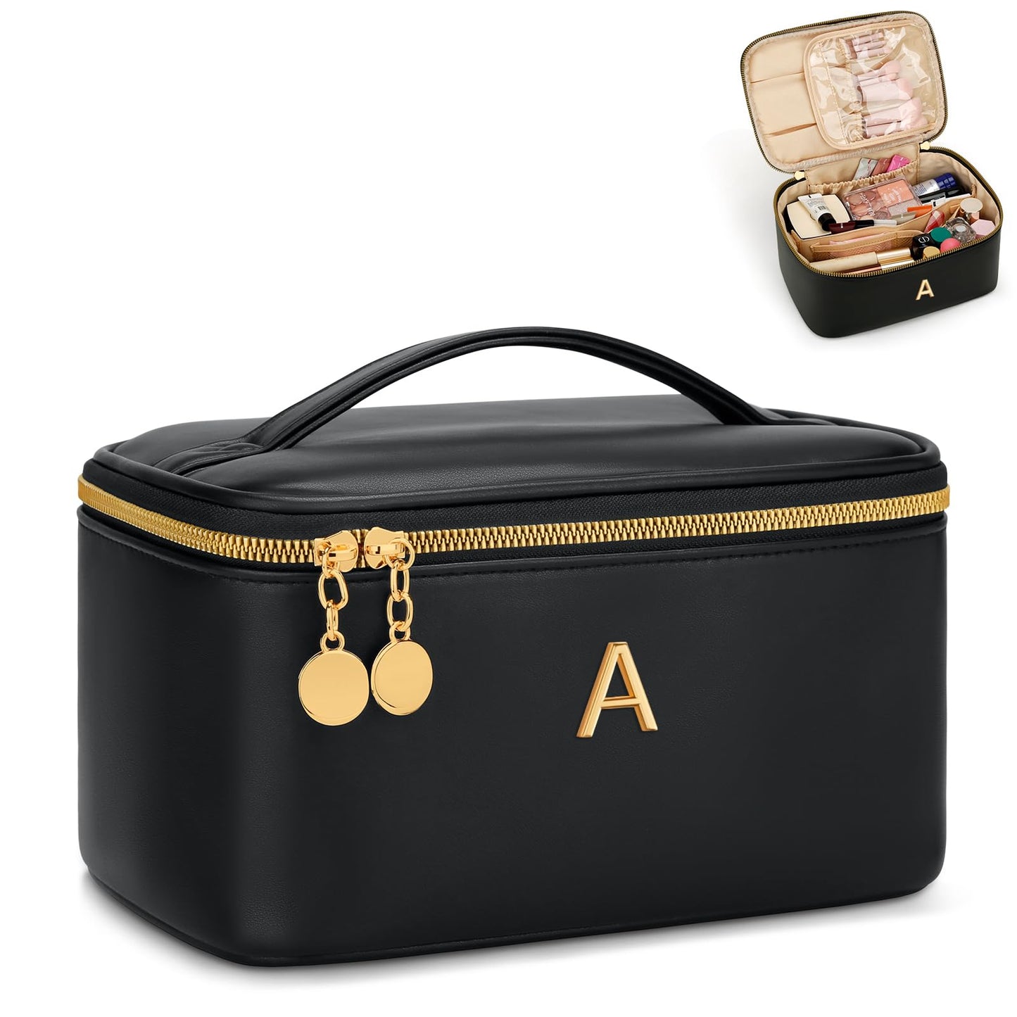 CLOUDWINGS Gifts for Women Travel Makeup Bag Personalized Cosmetic Bag Portable Large Capacity Toiletry Bag(Black-A)