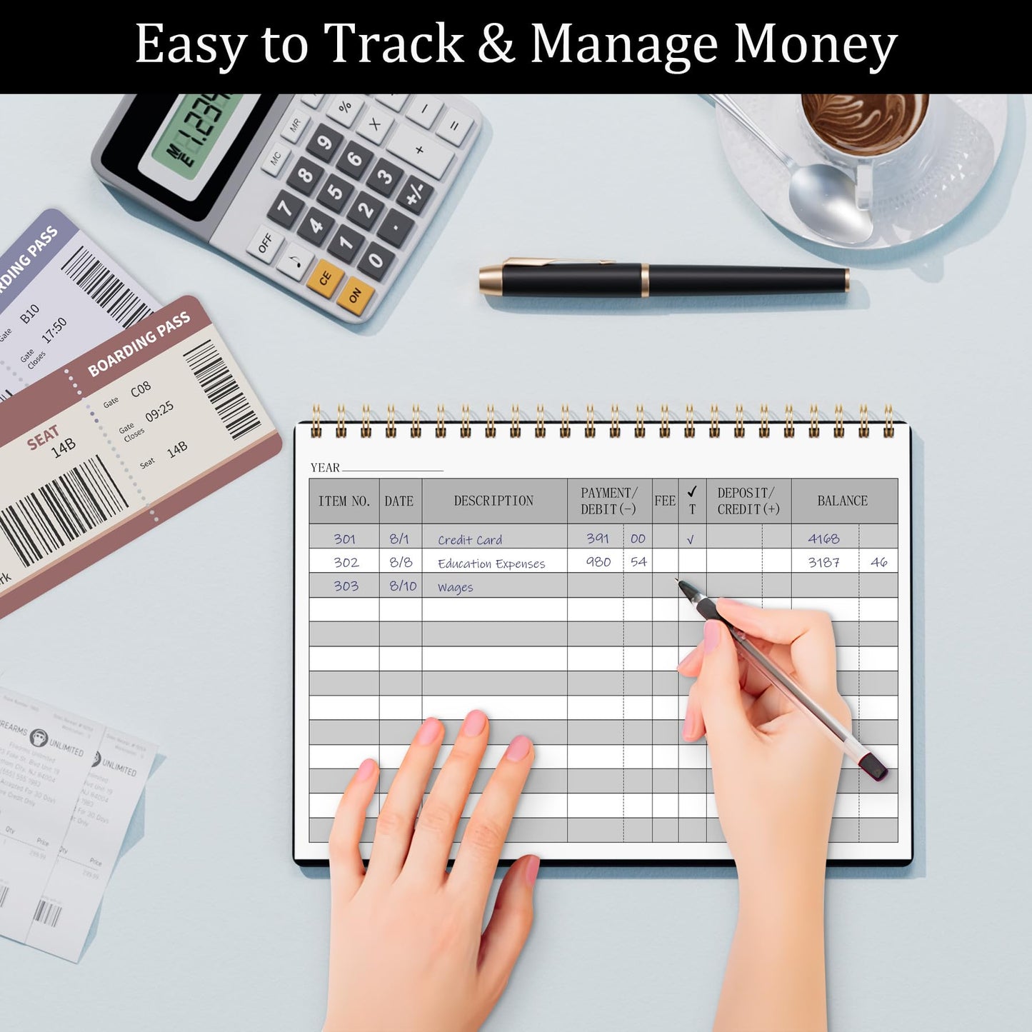 HAUTOCO Check Registers for Personal Checkbook, Transaction Expense Ledger Log Book for Small Business, Checking Account Register Book to Track Payments, Deposits, Finances, 8.4 x 6.2'', Black