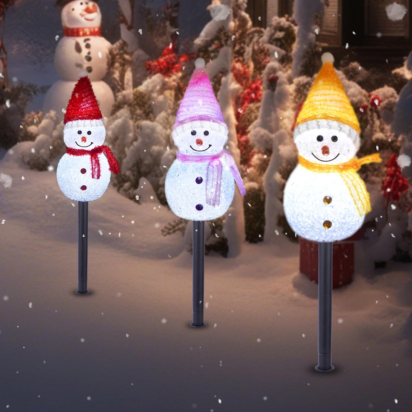 TAILERRI Solar Christmas Pathway Lights Outdoor Decorations, Set of 3 LED Snowman Stake Lights, Waterproof Walkway Landscape Light for Yard, Garden, Winter Decor (Red/Pink/Yellow Snowman, 3-Pack)
